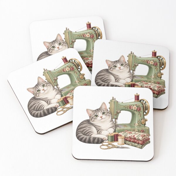 Item preview, Cat with Vintage Sewing Machine – Sewing Gift designed and sold by BYMK.