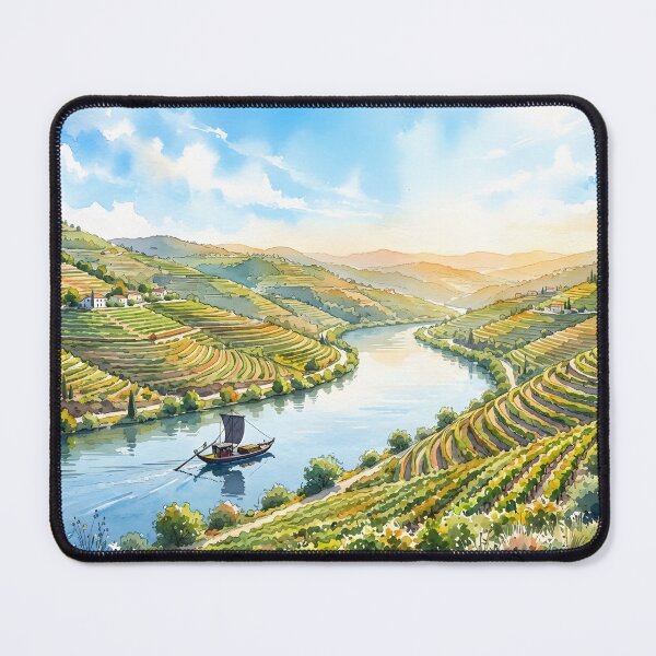 Item preview, A scenic watercolor painting of terraced vineyards along a winding river with a traditional boat designed and sold by homydesign.
