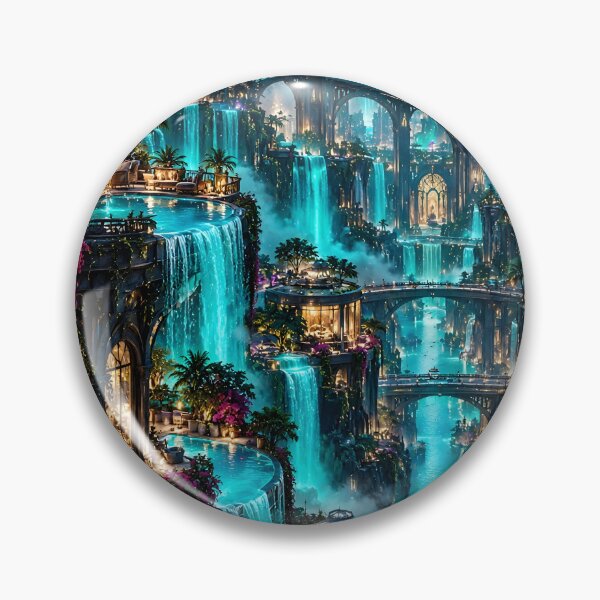 Item preview, Celestial Waterfall City – Futuristic Turquoise Paradise at Midnight designed and sold by IRON SIREN.
