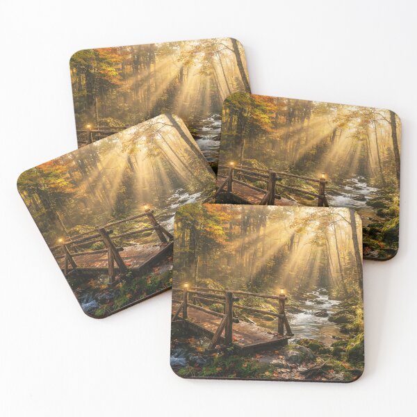 Item preview, A wooden bridge crosses a stream in an autumn forest with sunbeams designed and sold by homydesign.