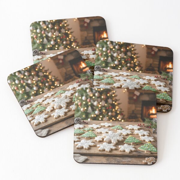 Item preview, Christmas sugar cookies shaped like snowflakes and trees on a wooden board designed and sold by homydesign.