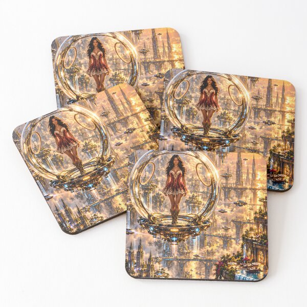 Item preview, Futuristic Queen in a Golden Orb – Fantasy City at Sunset designed and sold by IRON SIREN.