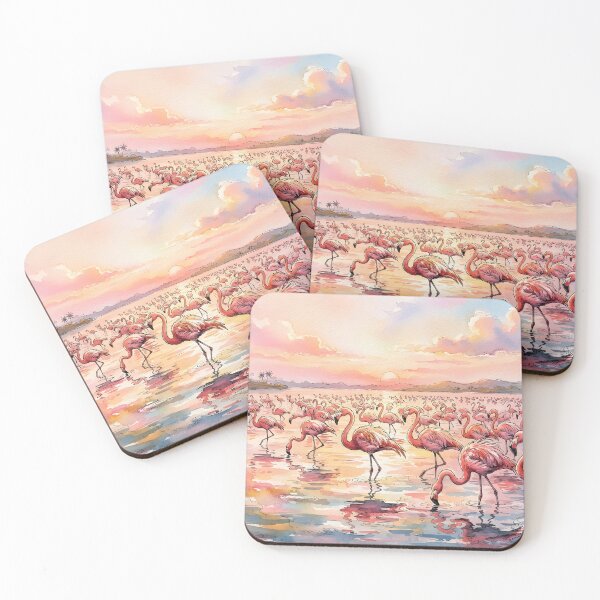 Item preview, A flock of pink flamingos wading in shallow water at sunset designed and sold by homydesign.