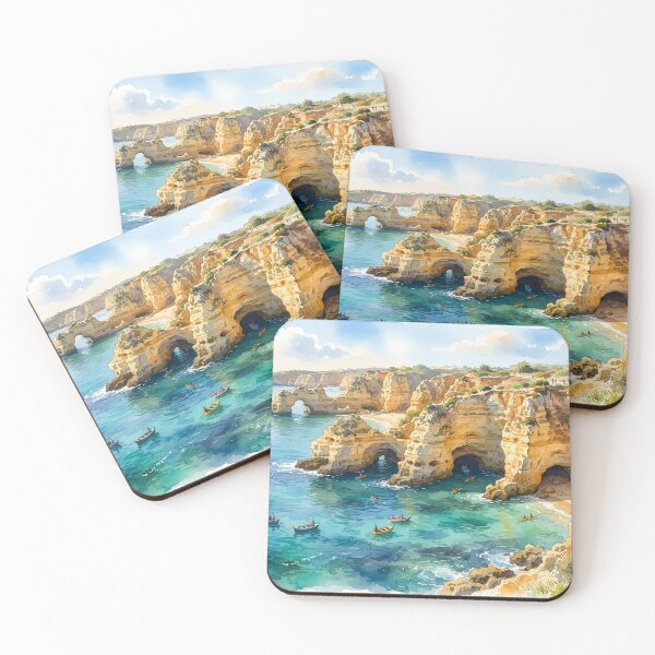 Item preview, A scenic coastal landscape with golden cliffs and sea caves designed and sold by homydesign.