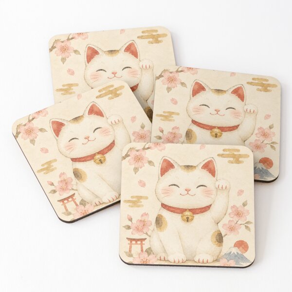 Item preview, Cute Japanese Maneki Neko Lucky Cat Watercolor with Cherry Blossoms designed and sold by vekotpu.