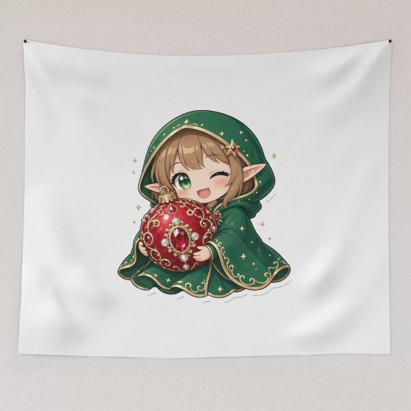 Item preview, Chibi Winter Elf Girl Holding Jeweled Ornament designed and sold by Moonlit Tower Art.