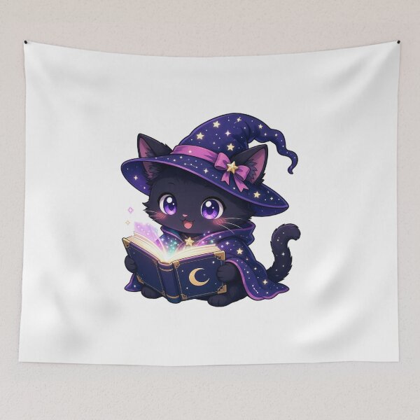 Item preview, Cute Black Cat Wizard Reading Spellbook designed and sold by Moonlit Tower Art.