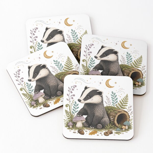 Item preview, Cute Woodland Badger Moonlit Forest Cottagecore Wildlife Art Design designed and sold by inkoutninja.