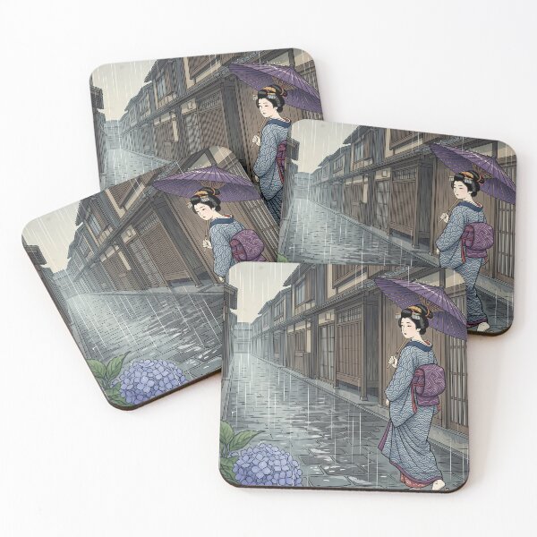 Item preview, Woman with Purple Umbrella in Rainy Town Street designed and sold by TokyoUkiyoHouse.
