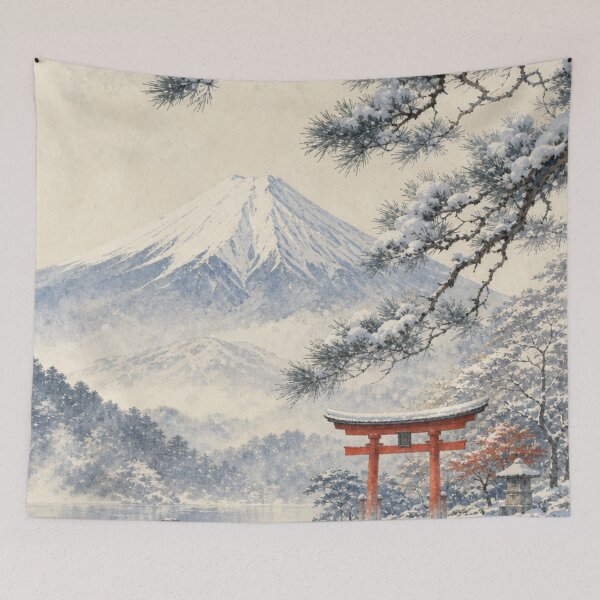 Item preview, Winter Mount Fuji with Red Torii Gate and Snow Pine Tree Watercolor designed and sold by vekotpu.