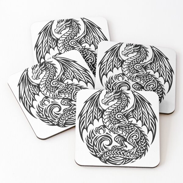 Item preview, Coiled Tribal Dragon Tattoo – Round Swirl Tail Winged Dragon Black Ink Art designed and sold by DragonSerpent Ink.