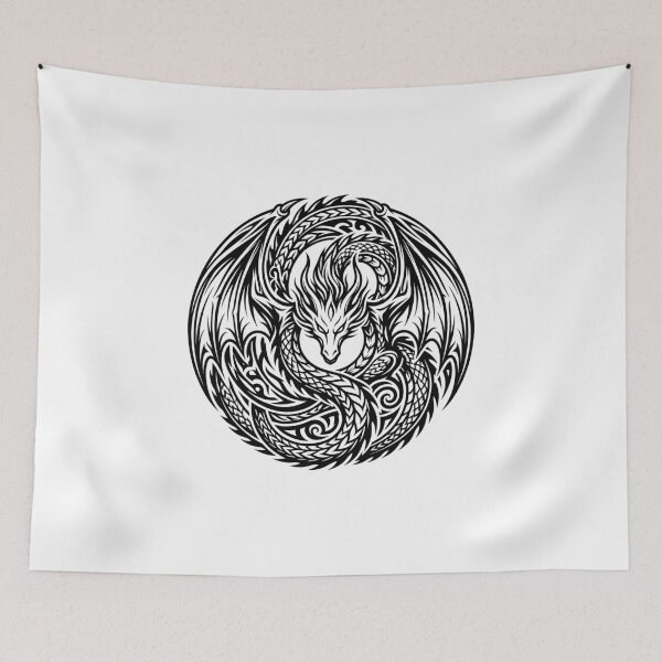 Item preview, Sleeping Dragon Circle Tattoo – Tribal Curled Dragon Round Emblem Black Ink Art designed and sold by DragonSerpent Ink.