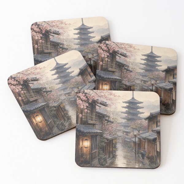 Item preview, Rainy Spring Day in Kyoto Cherry Blossoms Pagoda Street Watercolor designed and sold by vekotpu.