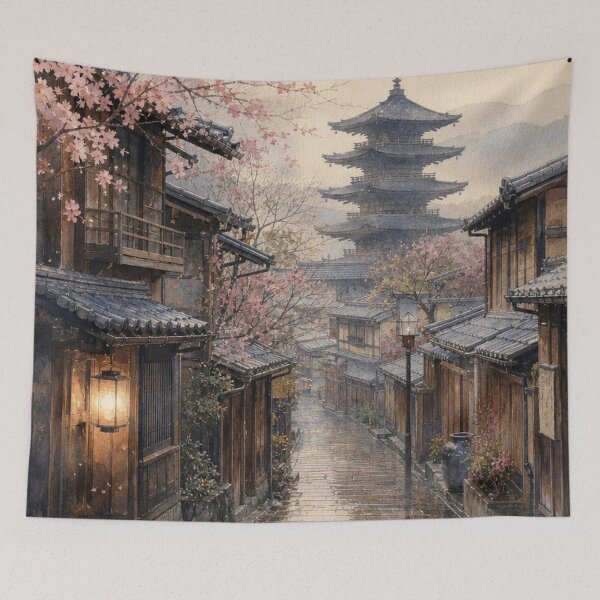 Item preview, Rainy Spring Day in Kyoto Cherry Blossoms Pagoda Street Watercolor designed and sold by vekotpu.