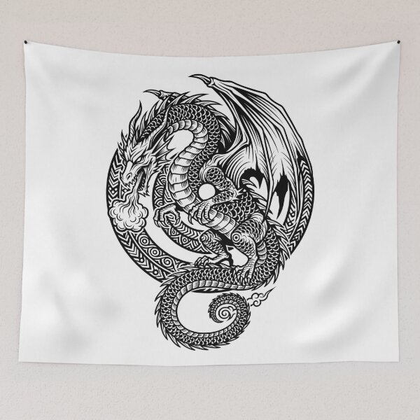 Item preview, Dragon with Pattern Ring Tattoo – Scaled Smoke Breathing Dragon Tribal Mandala Art designed and sold by DragonSerpent Ink.