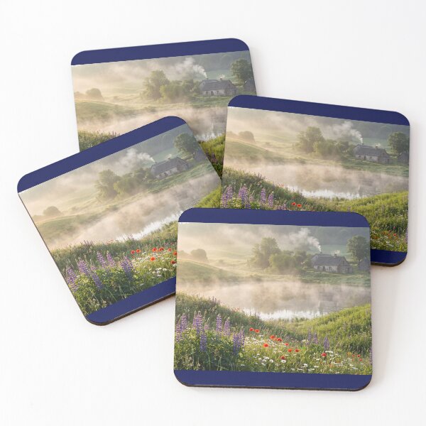 Item preview, Misty Irish Lake with Stone Cottages and Wildflowers designed and sold by amusefullife.