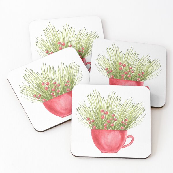 Item preview, Watercolor Red Teacup with Pine Needles and Berries designed and sold by eves_aquadreams.