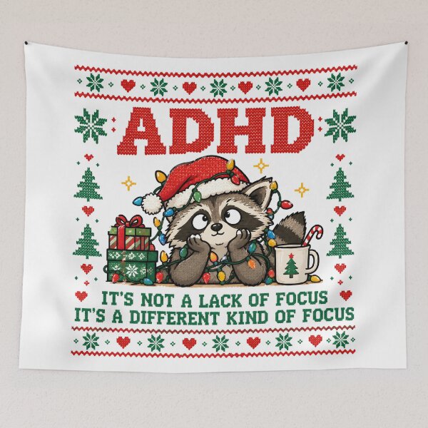 Item preview, ADHD Ugly Christmas Sweater Raccoon Funny Neurodivergent Holiday Quote designed and sold by Marti’s Shop Corner.