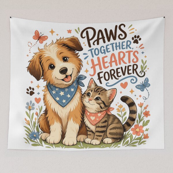 Item preview, Cute Puppy and Kitten Paws Together Hearts Forever Friendship Pet Lover Art designed and sold by inkoutninja.