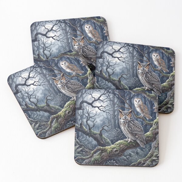 Artikelvorschau, Moonlit Owls in Enchanted Forest Watercolor Art entworfen und verkauft von amusefullife.