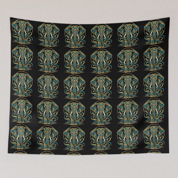 Item preview, Majestic Lines – Golden Teal Elephant Line Art designed and sold by vinothmech53.
