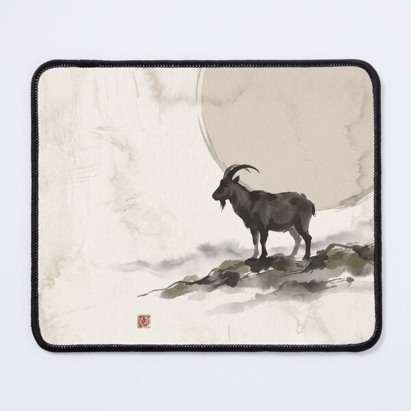 Item preview, Year of the Goat Mountain Goat Under Winter Moon Japandi Ink Art Lunar New Year Decor designed and sold by WabiSabiEssence.