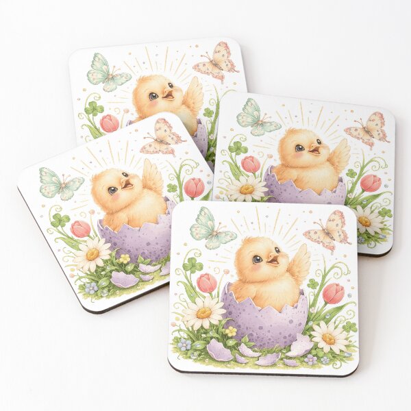 Item preview, Cute Baby Chick Hatching Easter Egg Spring Flowers Butterfly Watercolor Art designed and sold by inkoutninja.