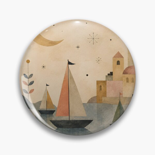 Item preview, Moonlit Coastal Village with Sailboats Mid Century Folk Art designed and sold by Amalia Gutyz.