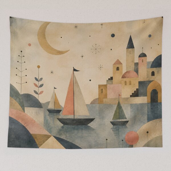 Item preview, Moonlit Coastal Village with Sailboats Mid Century Folk Art designed and sold by Amalia Gutyz.