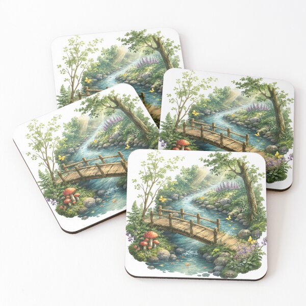 Item preview, Enchanted Forest Bridge Peaceful Woodland Stream Cottagecore Nature Art designed and sold by inkoutninja.