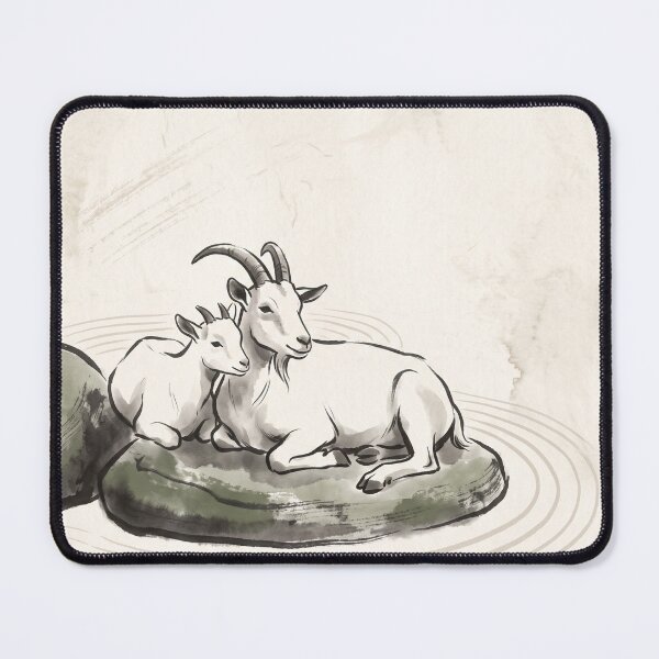 Item preview, Year of the Goat Two Goats Resting on Zen Rocks Japandi Ink Art Lunar New Year Decor designed and sold by WabiSabiEssence.