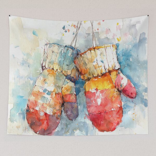 Item preview, Watercolor Knitted Winter Mittens Hanging on String designed and sold by solynneart.