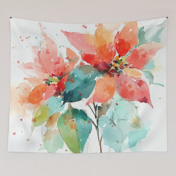 Item preview, Watercolor Coral Poinsettias with Teal Leaves designed and sold by solynneart.
