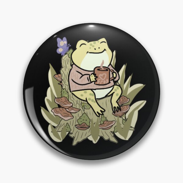 Item preview, Frog sitting on a stump with mushroom, butterfly, foliage, hot drink cottagecore illustration designed and sold by LeshanArt.