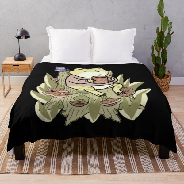 Item preview, Frog sitting on a stump with mushroom, butterfly, foliage, hot drink cottagecore illustration designed and sold by LeshanArt.