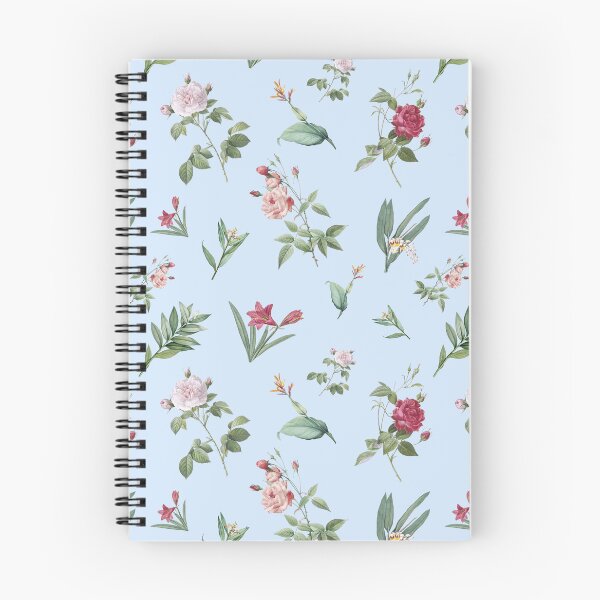 Aperçu de l'œuvre Reproduction d'un motif botanique vintage de roses et de feuilles sur fond bleu clair créée et vendue par Mellowtint Studio.