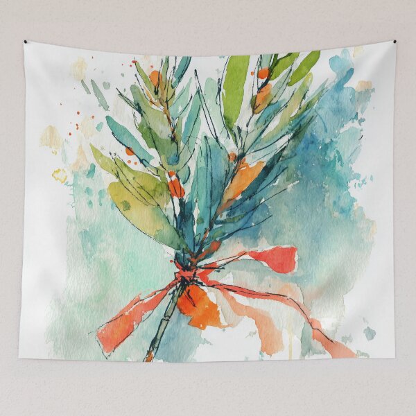 Item preview, Watercolor Evergreen Sprig Tied with Red Ribbon designed and sold by solynneart.