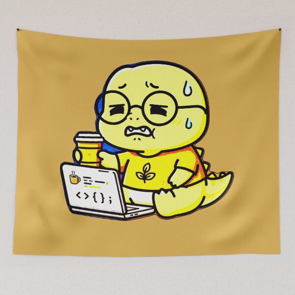 Item preview, Stressed-Out Dino Programmer with Coffee and Kawaii Code designed and sold by AstronautMerch.