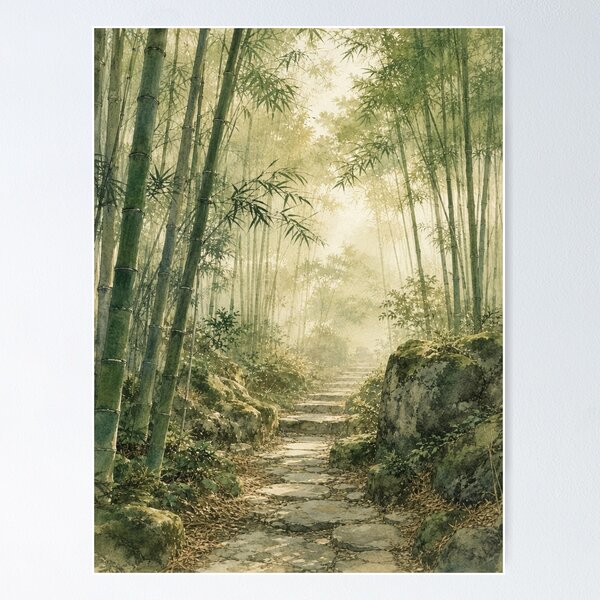 Item preview, Japanese Bamboo Forest Path Watercolor Painting designed and sold by vekotpu.