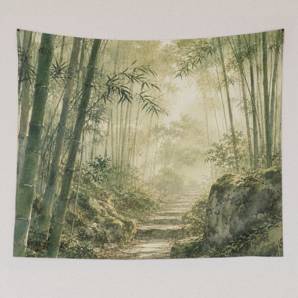 Item preview, Japanese Bamboo Forest Path Watercolor Painting designed and sold by vekotpu.