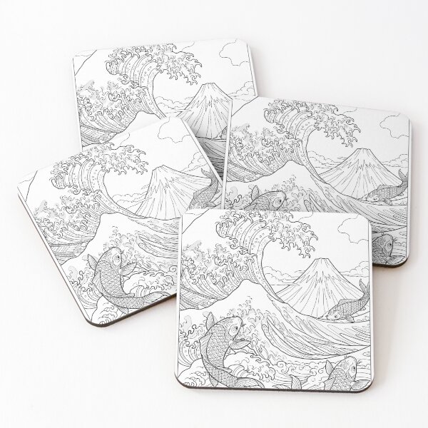 Item preview, Great Wave & Koi Line Art – Mount Fuji Coloring Page designed and sold by MJVolt.