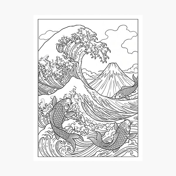 Item preview, Great Wave & Koi Line Art – Mount Fuji Coloring Page designed and sold by MJVolt.
