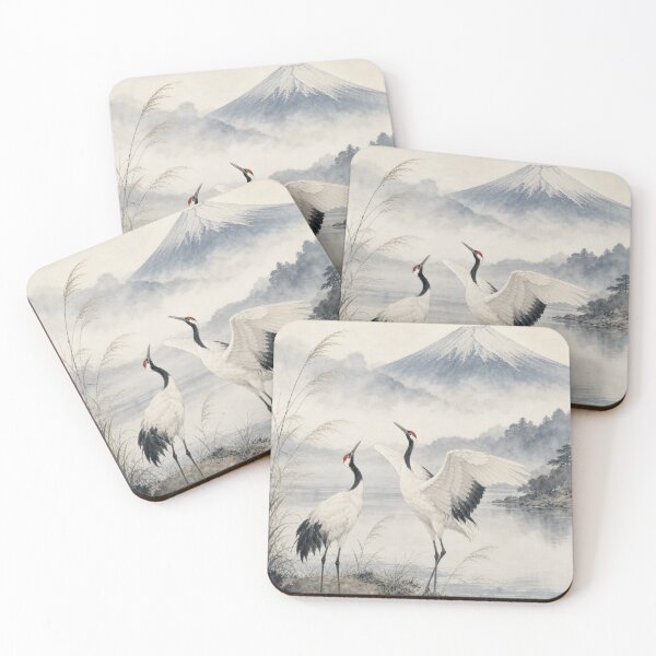 Item preview, Japanese Cranes and Mount Fuji Watercolor Painting designed and sold by vekotpu.
