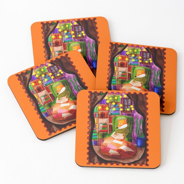 Item preview, Cozy Fox Reading in a Tree Library Stamp Art designed and sold by Salomėja MayBeeInk.