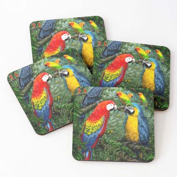 Item preview, The Rainforest Delegation, atmopheric illustration of parrots in lush greenery designed and sold by KitschAndChaos.