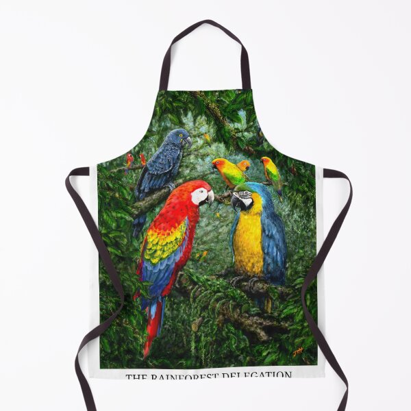 Item preview, The Rainforest Delegation, atmopheric illustration of parrots in lush greenery designed and sold by KitschAndChaos.
