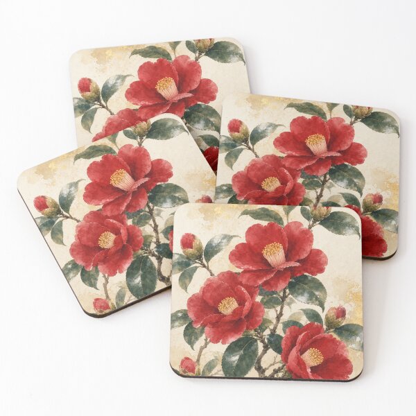 Item preview, Red Camellia Japanese Botanical Watercolor Painting designed and sold by vekotpu.