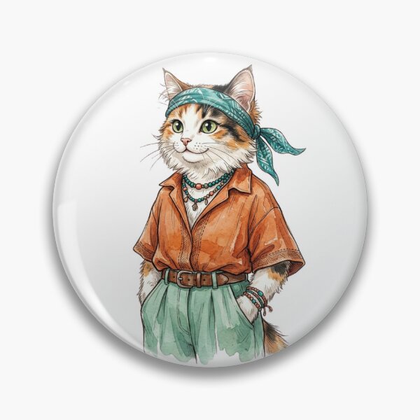 Item preview, Boho Calico Cat in Headscarf Vintage Hippie Traveler Watercolor Illustration    designed and sold by raedattia.