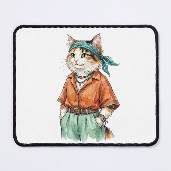 Item preview, Boho Calico Cat in Headscarf Vintage Hippie Traveler Watercolor Illustration designed and sold by raedattia.