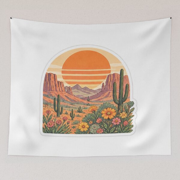 Item preview, Retro Orange Sunset over Desert Cactus and Wildflowers designed and sold by manexus.